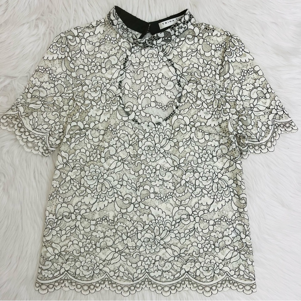 Trina Turk Black White Floral Lace High Neck Designer Top Sz Small